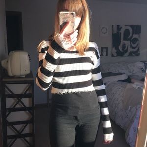 Black and White Striped Crop Shirt